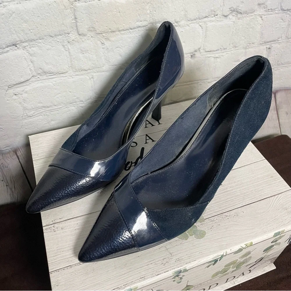 Blue Two Texture Suede and Faux Leather 3” Heel Shoe Size 10
